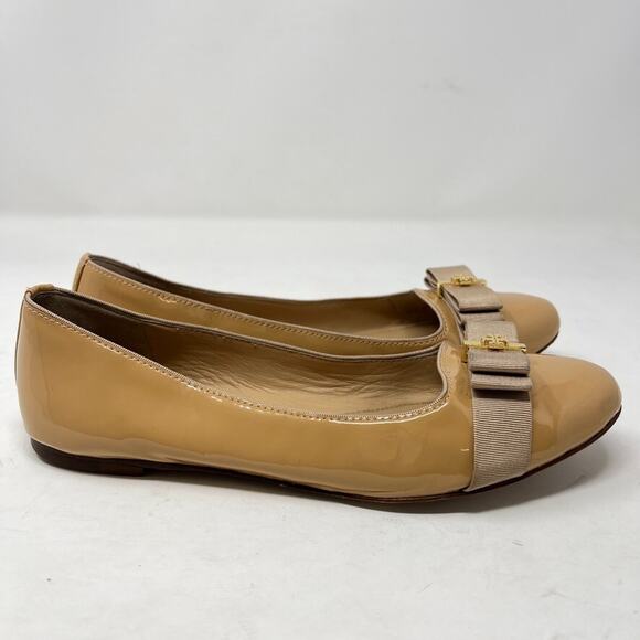 Tory Burch Trudy Flat Tan Patent Leather 7.5 Ballet Bow Logo Classic Neutral - Picture 9 of 16